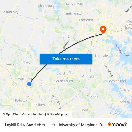Layhill Rd & Saddlebrook Park to University of Maryland, Baltimore map