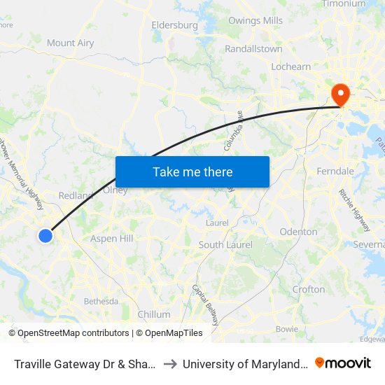 Traville Gateway Dr & Shady Grove Rd to University of Maryland, Baltimore map