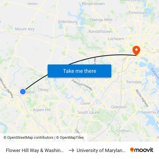 Flower Hill Way & Washington Grove Ln to University of Maryland, Baltimore map