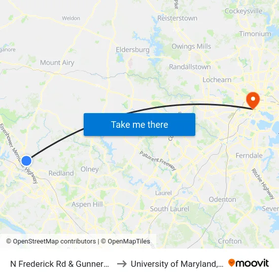 N Frederick Rd & Gunners Branch Rd to University of Maryland, Baltimore map