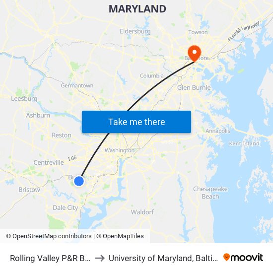 Rolling Valley P&R Bay C to University of Maryland, Baltimore map