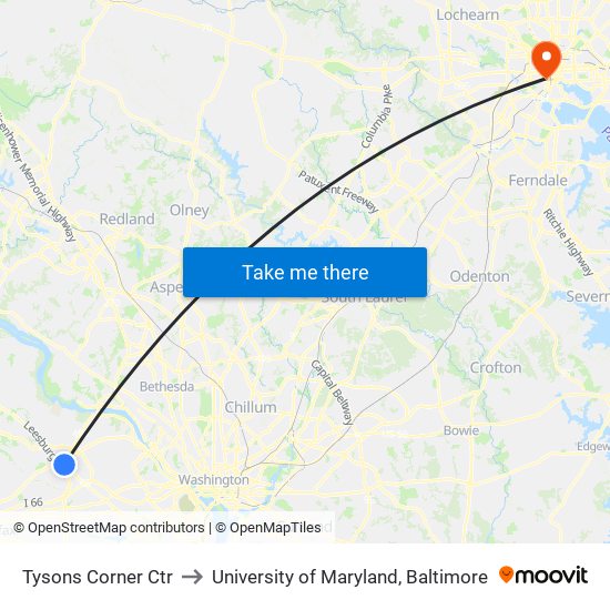 Tysons Corner Ctr to University of Maryland, Baltimore map