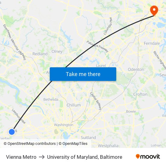 Vienna Metro to University of Maryland, Baltimore map