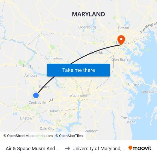 Air & Space Musm And Udvar-Hazy to University of Maryland, Baltimore map