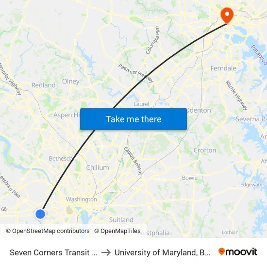 Seven Corners Transit Center to University of Maryland, Baltimore map