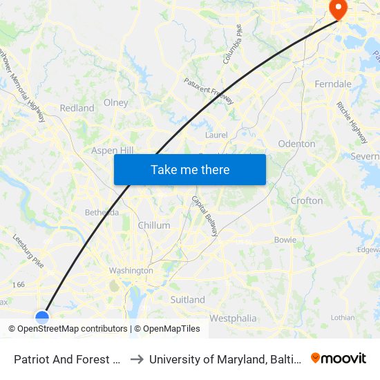 Patriot And Forest Glen to University of Maryland, Baltimore map