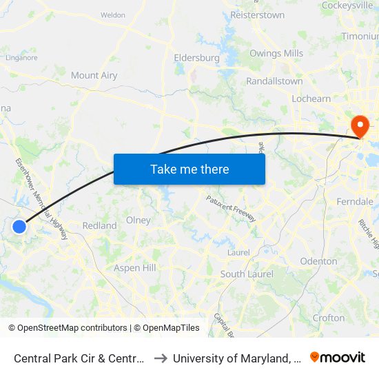 Central Park Cir & Central Park Cir to University of Maryland, Baltimore map