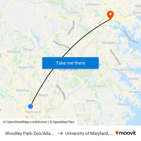 Woodley Park-Zoo/Adams  Morgan to University of Maryland, Baltimore map