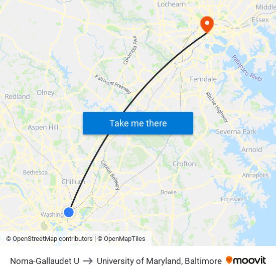 Noma-Gallaudet U to University of Maryland, Baltimore map