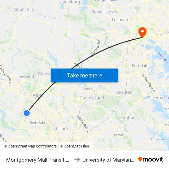 Montgomery Mall Transit Center & Bay D to University of Maryland, Baltimore map