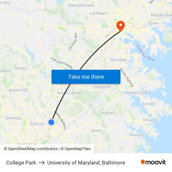 College Park to University of Maryland, Baltimore map