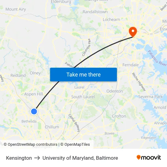 Kensington to University of Maryland, Baltimore map