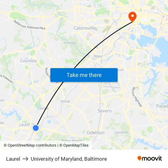 Laurel to University of Maryland, Baltimore map