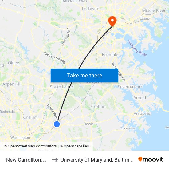 New Carrollton, Md to University of Maryland, Baltimore map