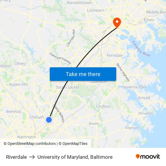 Riverdale to University of Maryland, Baltimore map