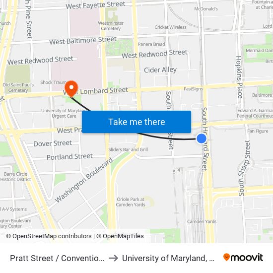 Pratt Street / Convention Center to University of Maryland, Baltimore map