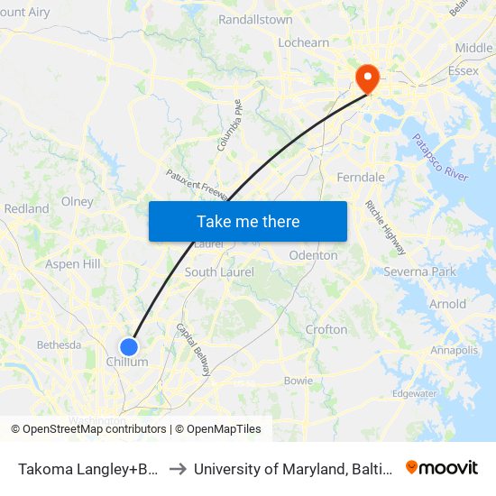 Takoma Langley+Bay C to University of Maryland, Baltimore map