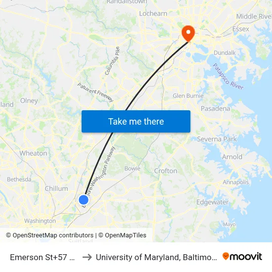 Emerson St+57 Av to University of Maryland, Baltimore map