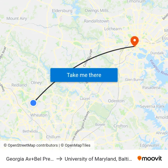 Georgia Av+Bel Pre Rd to University of Maryland, Baltimore map