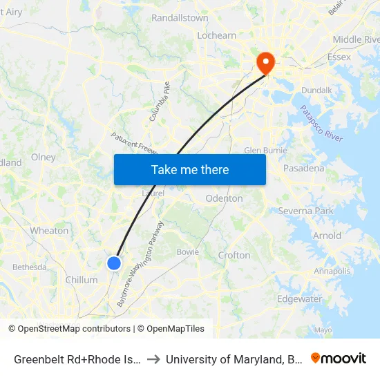 Greenbelt Rd+Rhode Island Av to University of Maryland, Baltimore map