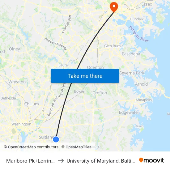 Marlboro Pk+Lorring Dr to University of Maryland, Baltimore map