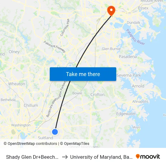 Shady Glen Dr+Beechnut Rd to University of Maryland, Baltimore map