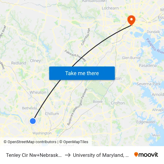 Tenley Cir Nw+Nebraska Av NW to University of Maryland, Baltimore map