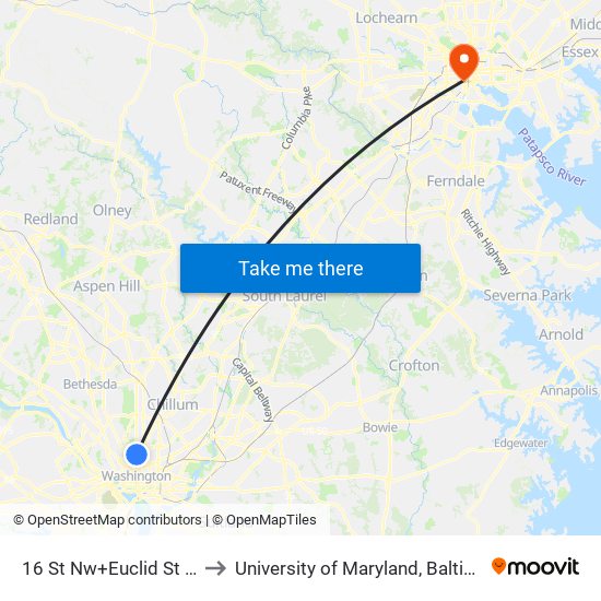 16 St Nw+Euclid St NW to University of Maryland, Baltimore map