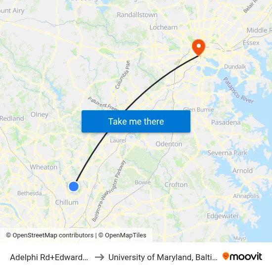 Adelphi Rd+Edwards Wy to University of Maryland, Baltimore map