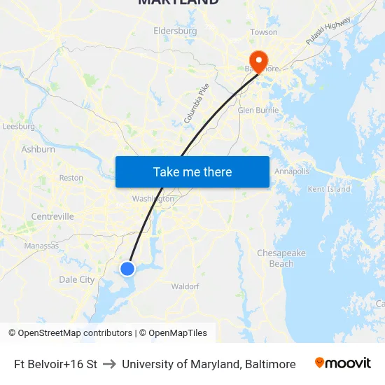 Ft Belvoir+16 St to University of Maryland, Baltimore map