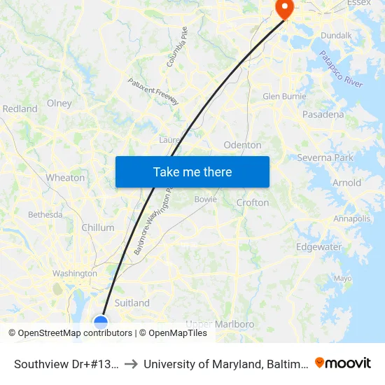 Southview Dr+#1333 to University of Maryland, Baltimore map