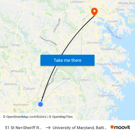 51 St Ne+Sheriff Rd NE to University of Maryland, Baltimore map