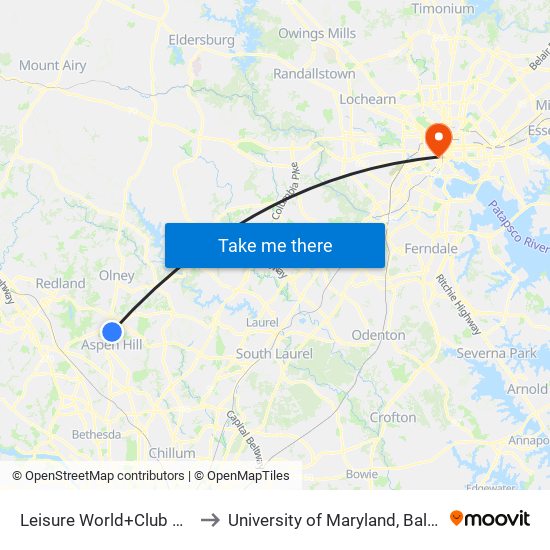 Leisure World+Club House to University of Maryland, Baltimore map