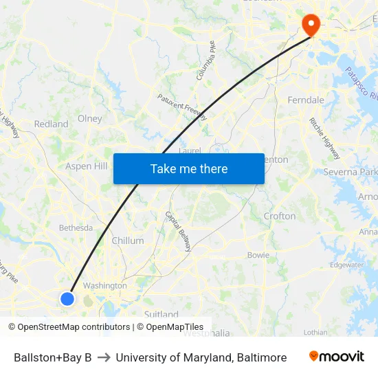 Ballston+Bay B to University of Maryland, Baltimore map