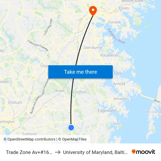 Trade Zone Av+#16001 to University of Maryland, Baltimore map