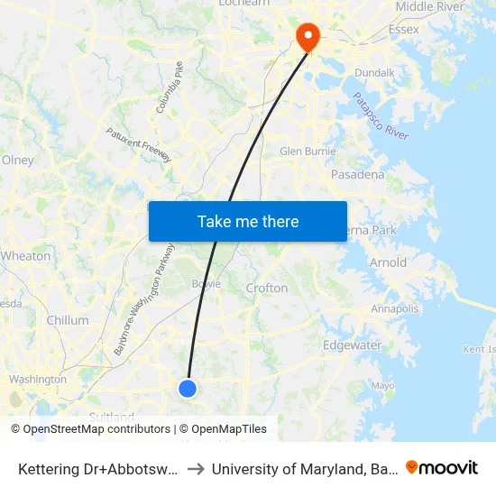 Kettering Dr+Abbotswood Ct to University of Maryland, Baltimore map
