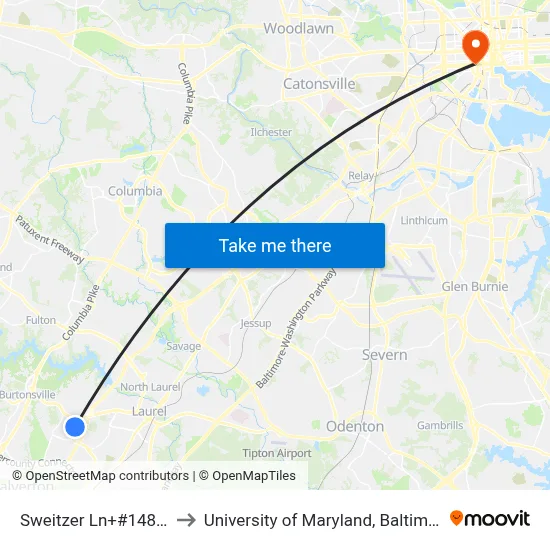 Sweitzer Ln+#14880 to University of Maryland, Baltimore map
