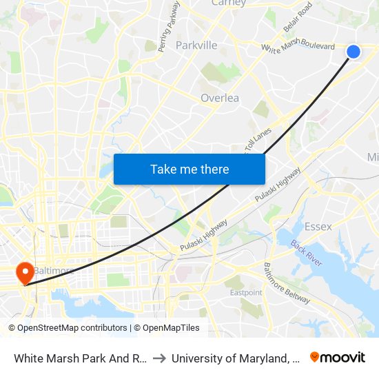 White Marsh Park And Ride Bay 1 to University of Maryland, Baltimore map