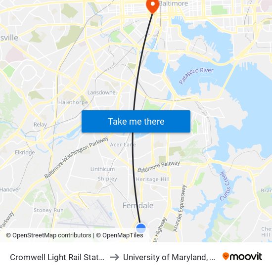 Cromwell Light Rail Station Bay 1 to University of Maryland, Baltimore map