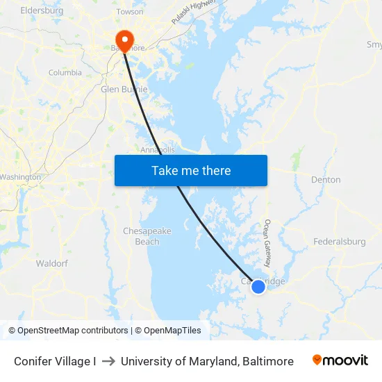 Conifer Village I to University of Maryland, Baltimore map