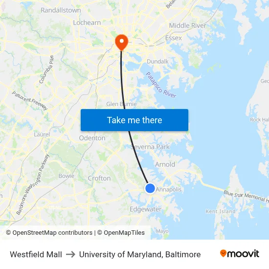 Westfield Mall to University of Maryland, Baltimore map