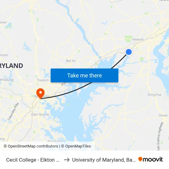 Cecil College - Elkton Station to University of Maryland, Baltimore map