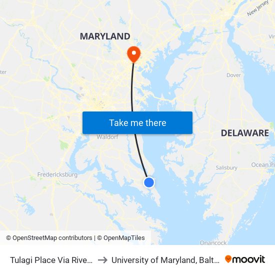 Tulagi Place Via River Bay to University of Maryland, Baltimore map