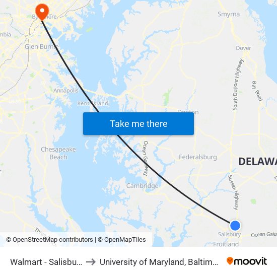 Walmart - Salisbury to University of Maryland, Baltimore map