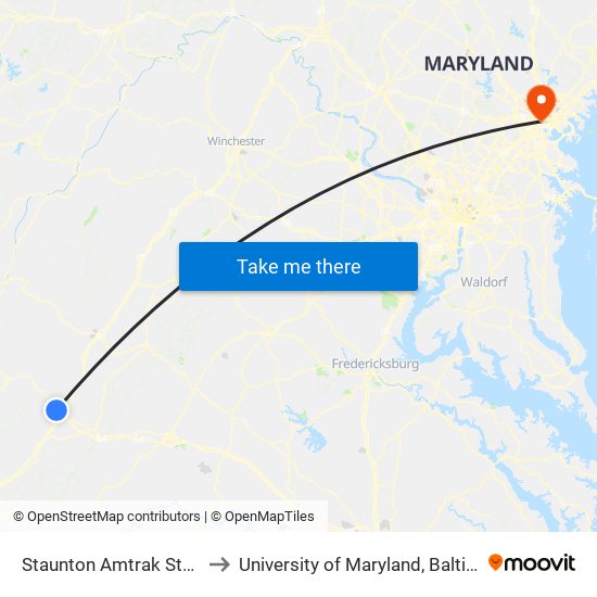 Staunton Amtrak Station to University of Maryland, Baltimore map