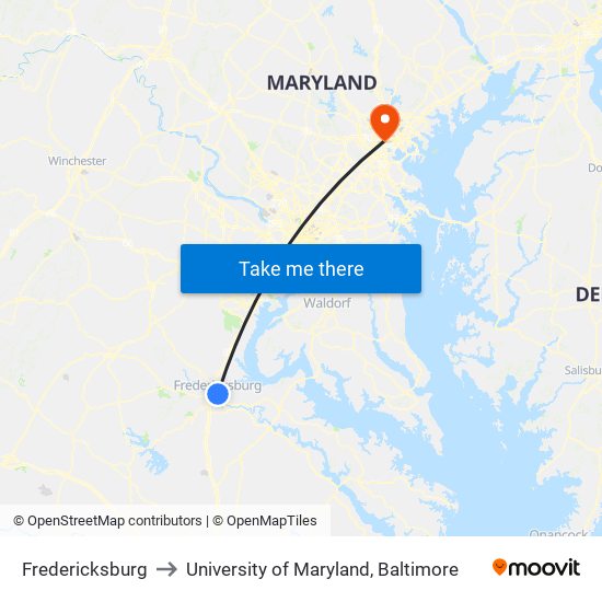 Fredericksburg to University of Maryland, Baltimore map