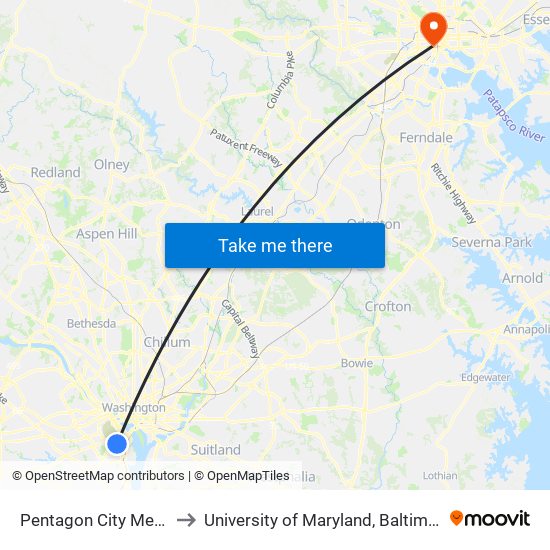 Pentagon City Metro to University of Maryland, Baltimore map