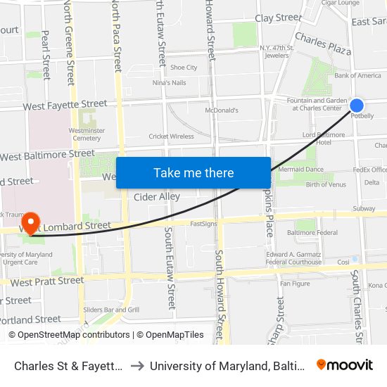 Charles St & Fayette St to University of Maryland, Baltimore map