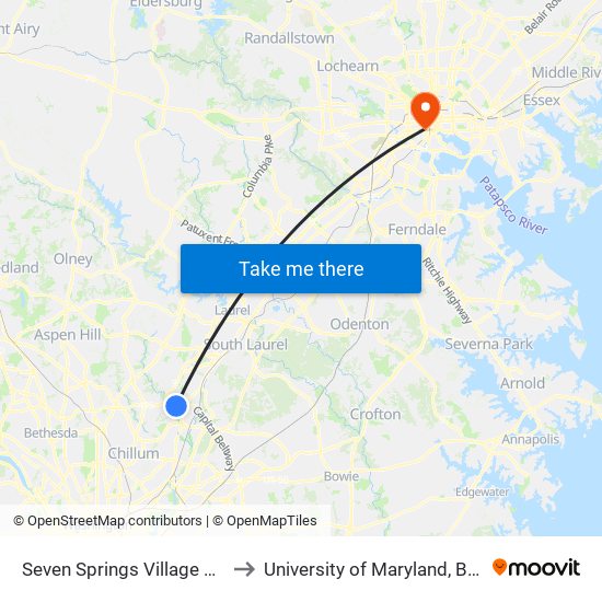 Seven Springs Village & #9308 to University of Maryland, Baltimore map