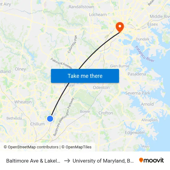 Baltimore Ave & Lakeland Rd to University of Maryland, Baltimore map
